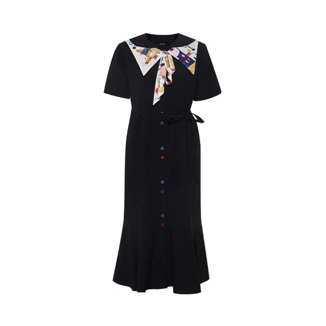 两三事 摩天派对 复古文艺风简约时尚优雅温柔气质宽松舒适收腰修身显瘦可拆翻领抽皱鱼尾裙摆短袖连衣裙 女款