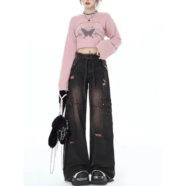 柏黛妃 美式复古重工工装牛仔裤女小众设计感街头多口袋高街宽松阔腿裤潮休闲裤 女款