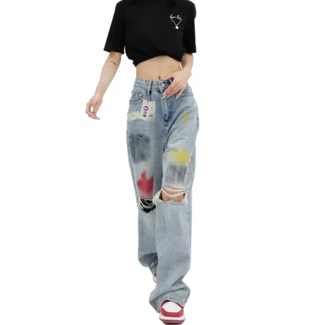 识恩 美式高街夏季涂鸦蓝色洗水破洞女小众阔腿裤拖地裤直筒裤子牛仔裤 女款