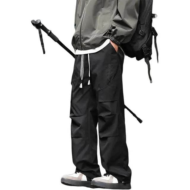 协协乐 山系机能褶皱设计感春秋季户外美式潮牌宽松直筒阔腿拖地裤青少年百搭运动休闲抽绳长裤工装裤 男款