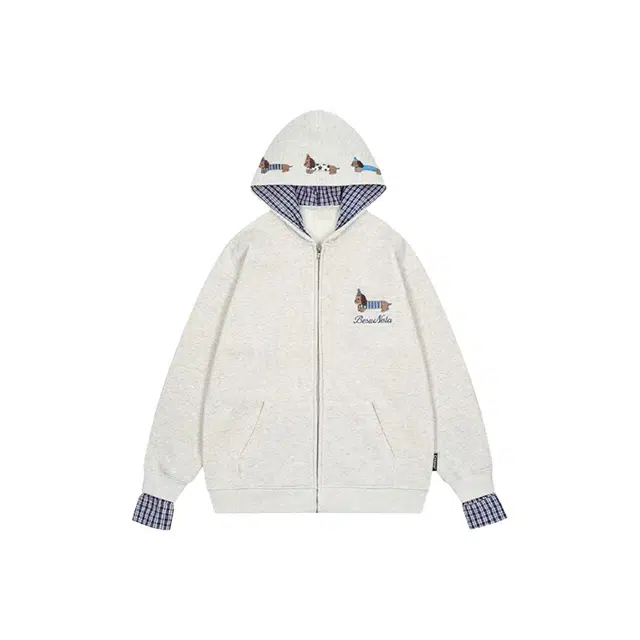 哒头下雨不愁 美式复古小狗刺绣连帽拼接开衫 卡通慵懒舒适百搭款卫衣 女款