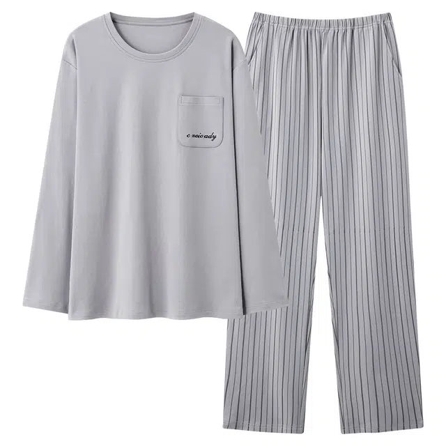 俏佳人 纯棉简约纯色圆领套头可外穿家居服舒适亲肤透气长袖长裤睡衣套装 男款