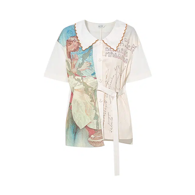 两三事 优雅起义 小清新印花布拼接绑带绣花翻领衬衫 女款