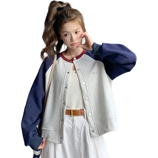 稻草人 韩版休闲显瘦甜美减龄圆领小个子短款外套夹克 女款