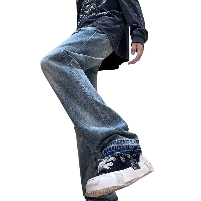 一碗士多 美式高街复古小众百搭纯色渐变简约做旧水洗破洞日常通勤宽松阔腿直筒裤子显高显瘦垂感拖地牛仔裤 男女同款