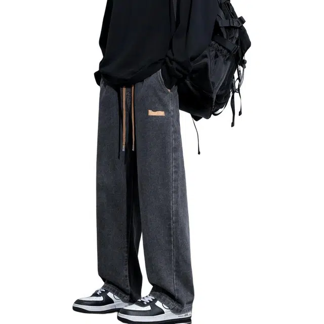 协协乐 高街风美式复古做旧水洗春秋季潮牌宽松直筒阔腿拖地裤冬季青少年百搭痞帅抽绳运动长裤牛仔裤 男款