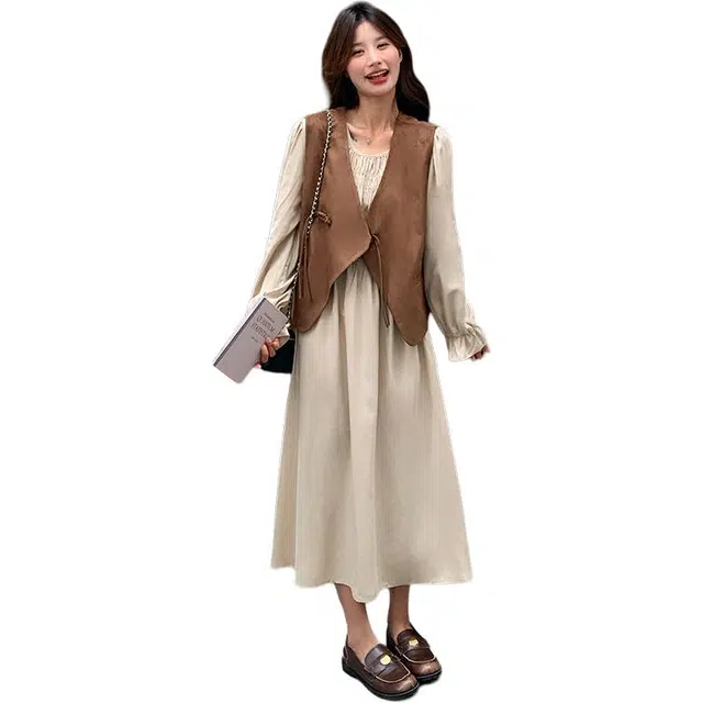 稻草人 法式气质马甲温柔风长裙两件套裙装套装 女款