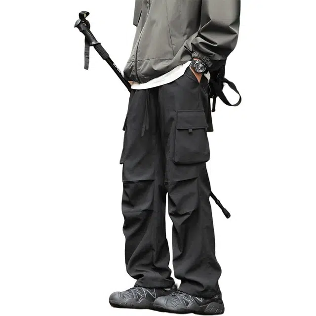 协协乐 山系户外高街机能风春秋季美式潮牌宽松阔腿拖地裤百搭青少年痞帅抽绳运动休闲长裤工装裤 男款