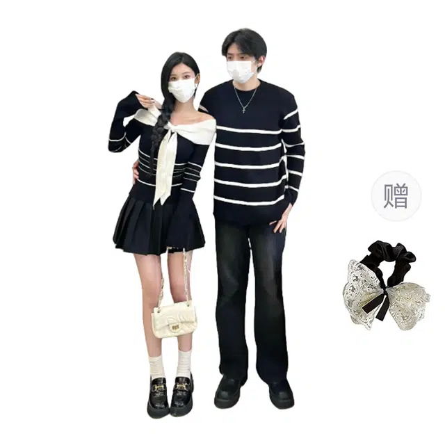涂诗菲 韩版纯欲条纹温柔蝴蝶结设计感毛衣百搭长袖上衣情侣套装