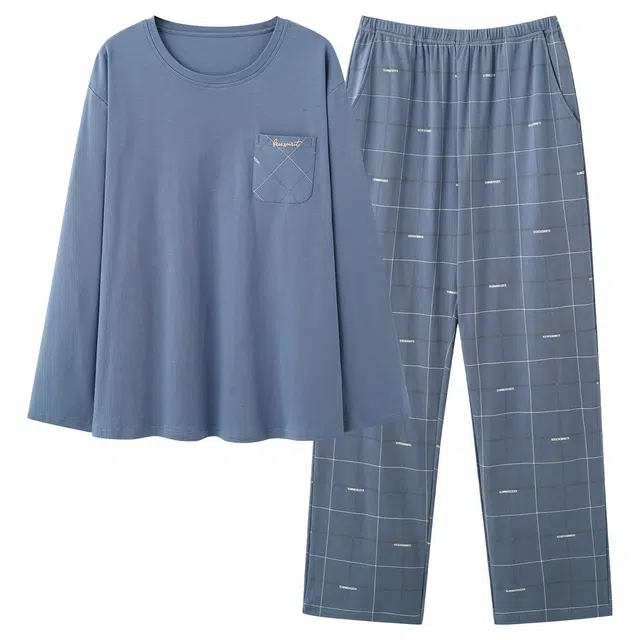 俏佳人 纯棉简约纯色圆领套头格子可外穿家居服舒适亲肤透气长袖长裤睡衣套装 男款