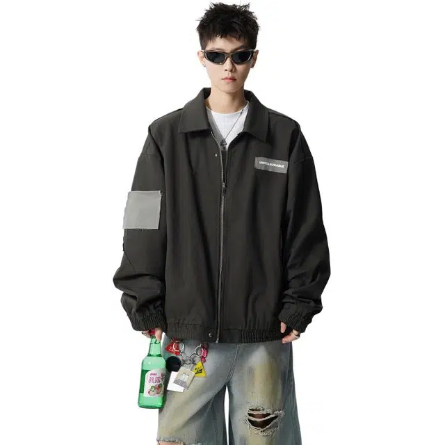 冈哉 毛边棉感棒球撞色拼接翻领休闲痞帅个性潮流潮牌时尚慵懒感日常通勤柔软舒适亲肤夹克  男女同款