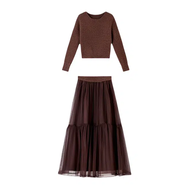 潞优野 高腰显瘦温柔风针织上衣网纱半身裙两件套设计气质秋季裙装套装 女款