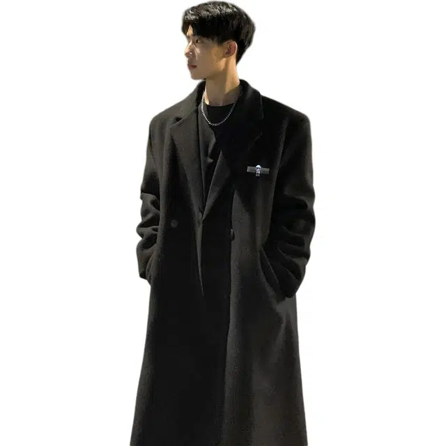 周同学 周杰伦 复古高街美式纯色简约御寒保暖长款毛呢百搭氛围感宽松休闲西装领韩版落肩垂感开衫双排扣长袖大衣 男女同款