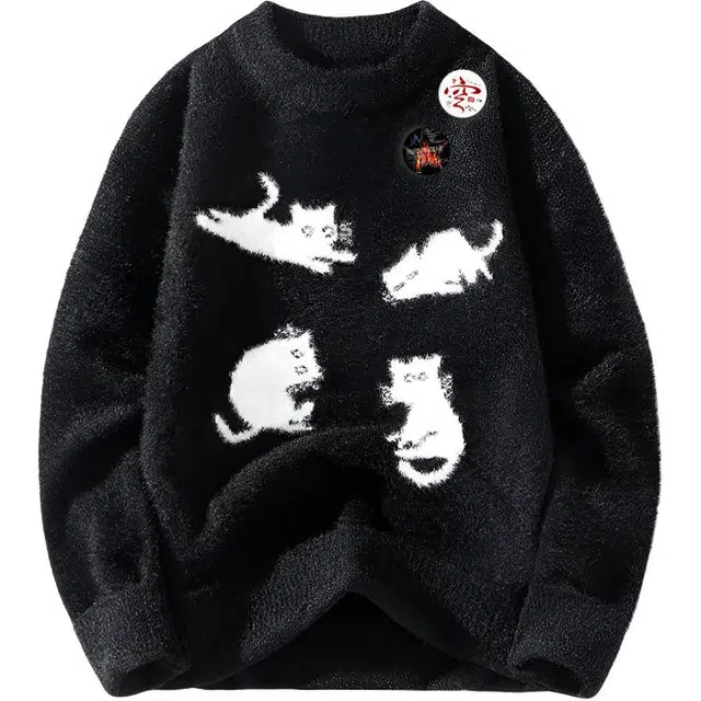 半空山 美式复古高街学院风重磅提花撞色小猫刺绣貂毛质感可拆卸乐扣徽章潮流时尚百搭宽松舒适小众通勤针织衫 男女同款