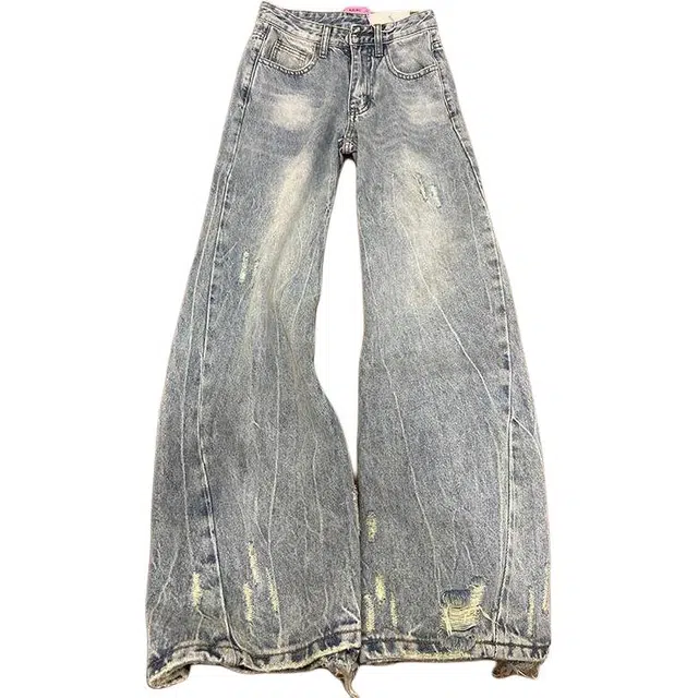 囍鱼少女 浅蓝色闪电纹破洞男女同款夏季国潮美式裤子直筒弯刀微喇裤牛仔裤 女款