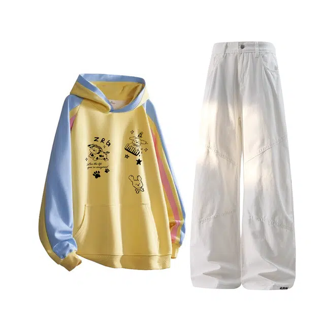 梓润格 甜酷学院风高级日常个性老钱风氛围感酷飒宽松无性别主义炸街舒适拼接撞色连帽卡通图案美式高街设计休闲牛仔裤卫衣套装 男女同款