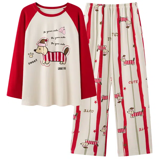 俏霓桐 春秋款可爱卡通纯棉亲肤甜美条纹简约休闲宽松圆领长袖长裤家居服可外穿睡衣套装 女款