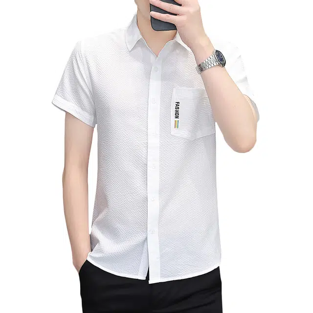 百胜狐 百胜狐夏季男士休闲免烫抗皱有口袋上衣泡泡纱冰丝薄款男装衬衣短袖衬衫 男款