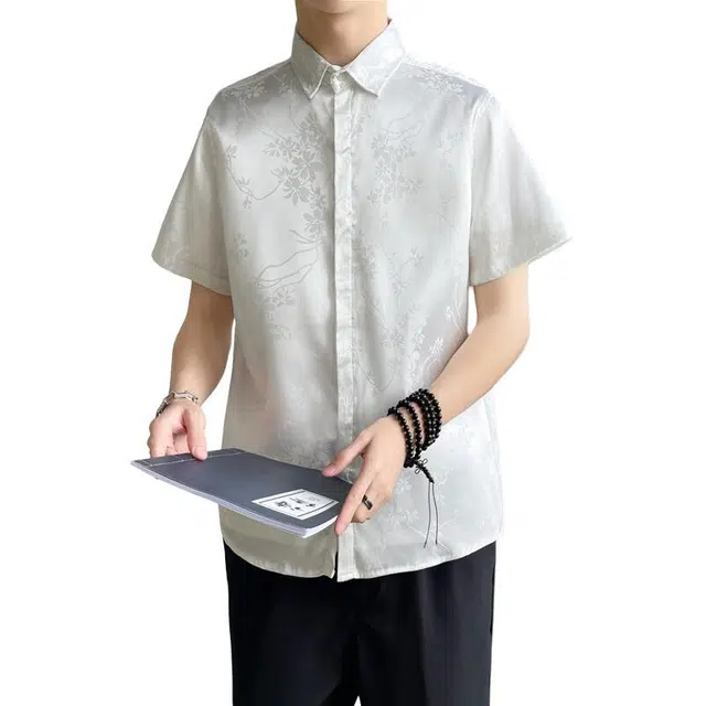 百胜狐 百胜狐中国风印花男士夏季冰丝半袖男外套青少年宽松休闲衬衣短袖衬衫 男款