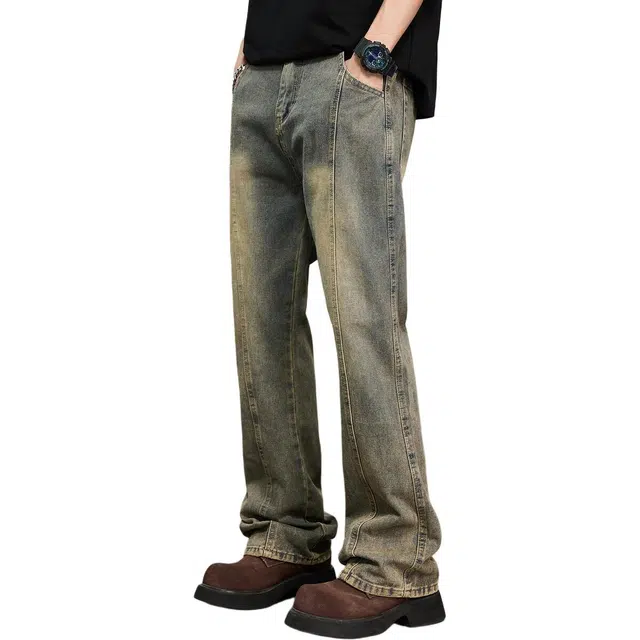 童先森 潮牌美式复古设计感拼接痞帅直筒牛仔裤 男款