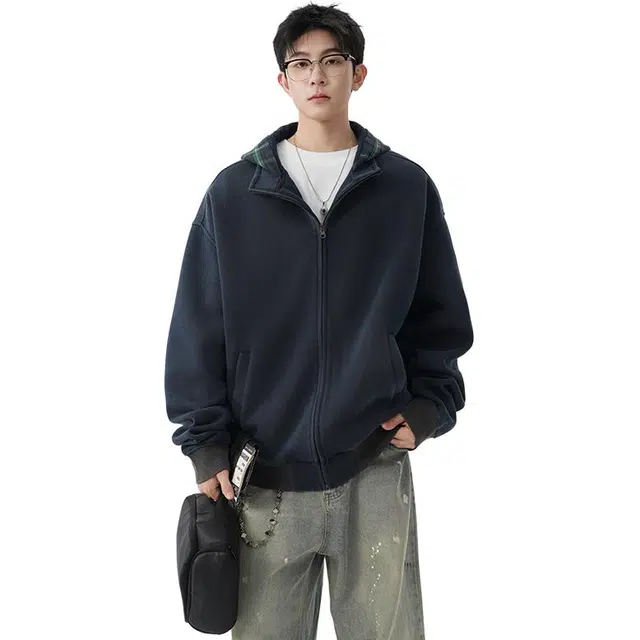 佐菲利 美式重磅拼接连帽卫衣设计感假两件格子帽衫外套夹克 男女同款