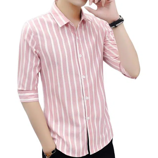 百胜狐 中袖条纹帅气七分短袖休闲免烫青年时尚潮流衬衫 男款