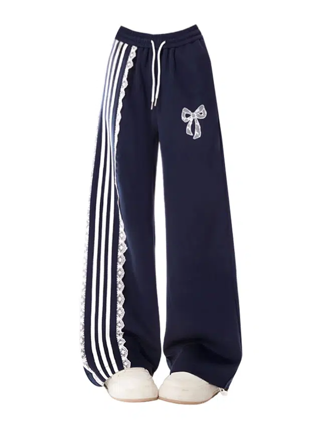 囍鱼少女 美式复古蕾丝拼接藏青色运动卫裤女春秋宽松直筒阔腿休闲裤 女款