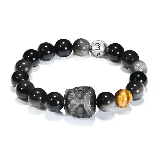 【普陀山官方已过香】 普陀山文创 祥瑞纳福新中式招财纳福银曜石转运珠六字真言祥瑞醒狮时尚简约百搭好运 黑曜石 手串 男女同款情侣款