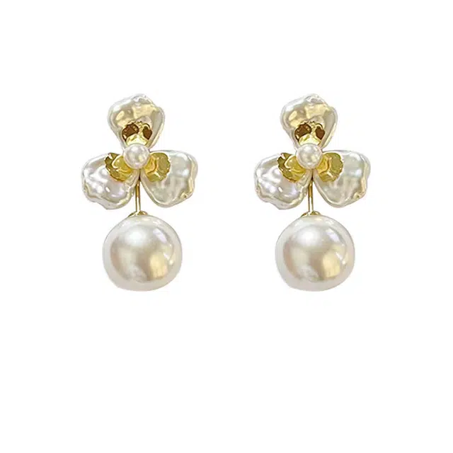 澜耀 法式清新温柔夏季花朵珍珠 优雅时尚气质百搭耳饰 合金 耳环 女款
