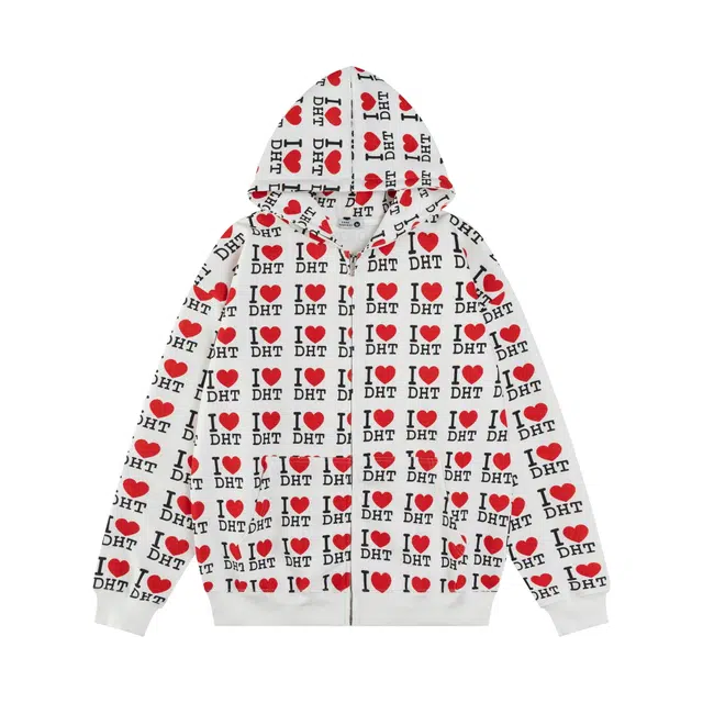 奇迹街区 美式满印爱心文字高街潮牌复古撞色创意小众设计宽松舒适百搭日常情侣嘻哈街头国潮外套潮流开衫连帽卫衣 男女同款