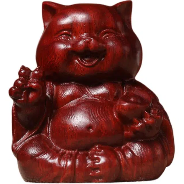得笙陌 木雕招财猫小摆设血檀木元宝中式禅意可爱福气文玩桌面装饰#好运 绿檀 摆件 男女同款情侣款