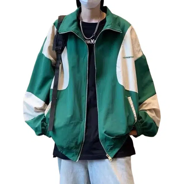 洞洞拐 撞色拼接装饰连帽日系复古宽松上衣休闲夹克 男女同款
