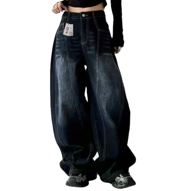 识恩 美式复古刺绣弯刀阔腿直筒宽松拖地裤子牛仔裤 女款