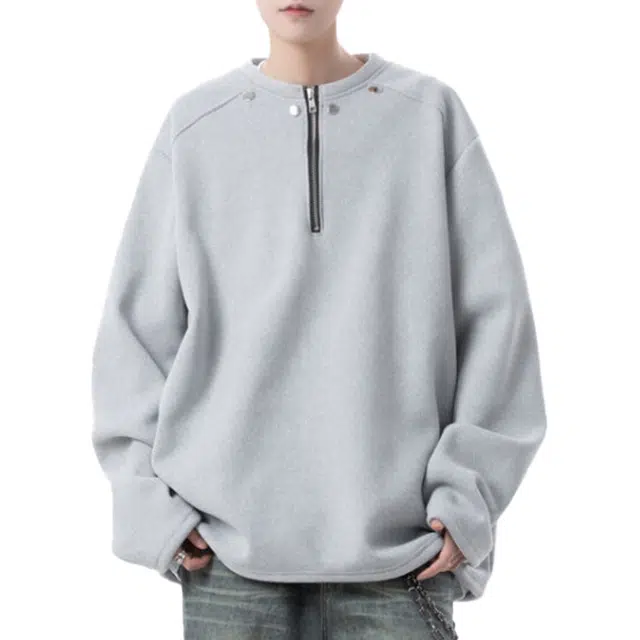 艾梵斯贝 美式复古潮流拉链金属扣小众设计款日常通勤百搭高街潮裤简约时尚运动宽松休闲圆领卫衣 男款