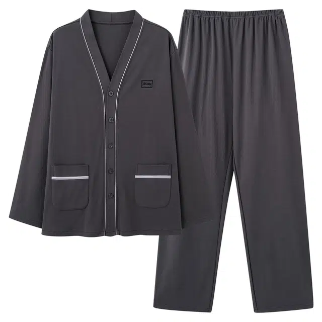 俏佳人 纯棉开衫和尚领纯色休闲家居服亲肤柔软舒适可外穿长袖长裤睡衣套装 男款