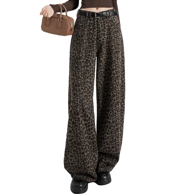 她池 文艺复古风高腰长款水洗阔腿牛仔裤 女款 豹纹