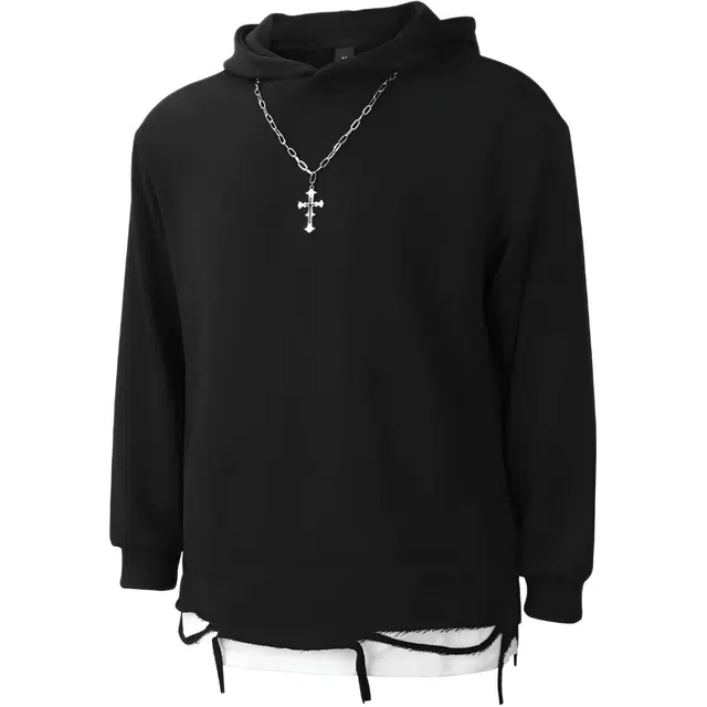 华夏儿女 高品质重磅美式潮流高街下摆破碎风小众配项链假两件休闲舒适宽松连帽通勤百搭纯色解构主义卫衣 男女同款