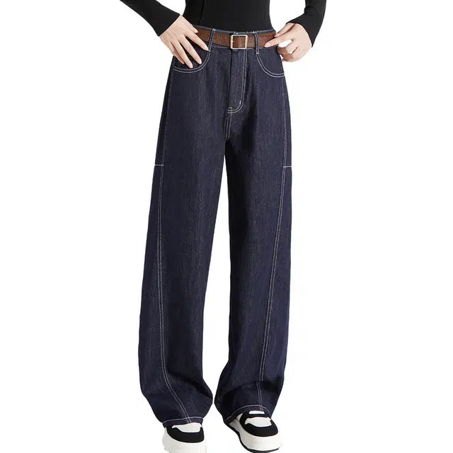 她池 简约好搭高腰通勤明线拼接长款水洗直筒牛仔裤 女款