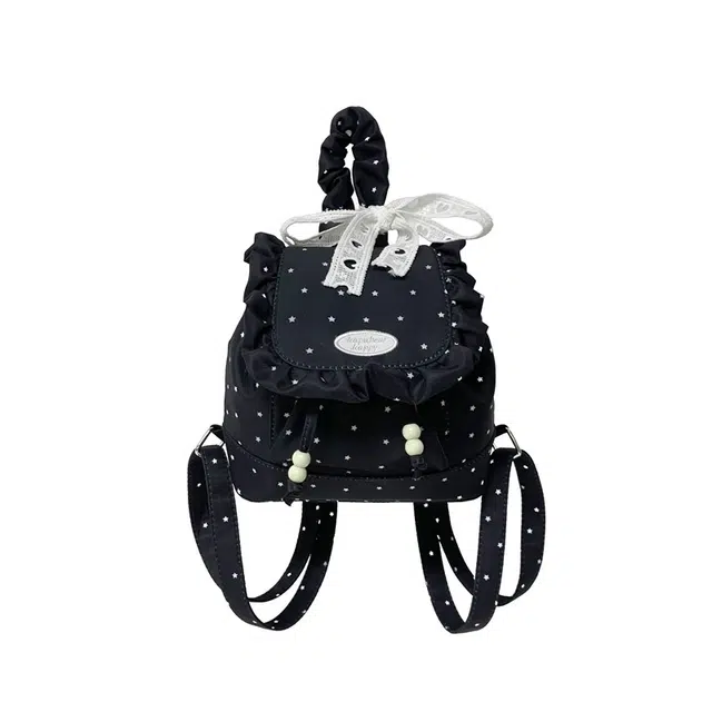 度森袋鼠 日系甜美荷叶边学院风韩系蕾丝蝴蝶结百搭背包 棉布 双肩包 女款 黑色/蓝色/粉红色