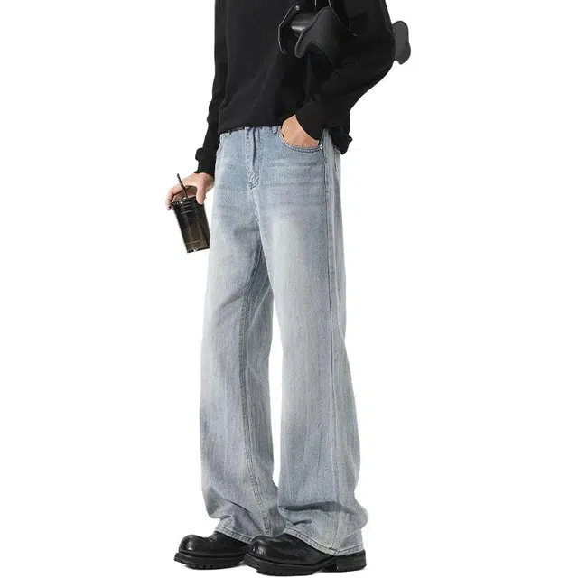 童先森 闪电纹潮牌美式水洗修身直筒牛仔裤 男款