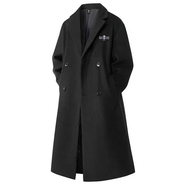 周同学 周杰伦 复古高街美式纯色简约御寒保暖长款毛呢百搭氛围感宽松休闲西装领韩版落肩垂感开衫双排扣长袖大衣 男女同款