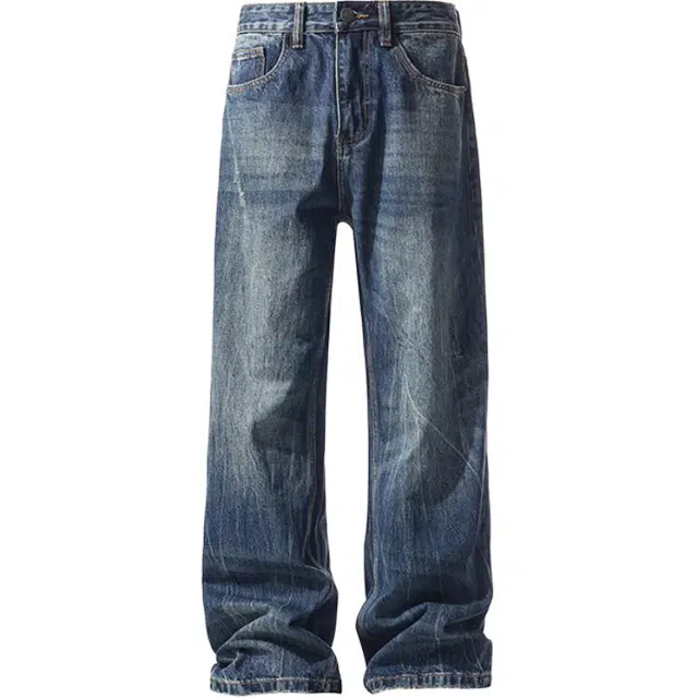 袋鼠 秋冬美式复古时尚宽松百搭基础款阔腿裤休闲裤无影墙微喇扎花闪电纹牛仔裤 男女同款