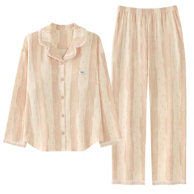 俏霓桐 春秋款甜美条纹带胸垫纯棉亲肤简约流苏优雅休闲翻领长袖长裤家居服可外穿睡衣套装 女款