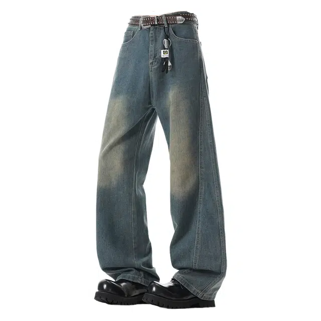 半空山 美式复古水洗做旧废土风立体线条设计感百搭直筒宽松柔软舒适高质感休闲阔腿牛仔裤 男女同款