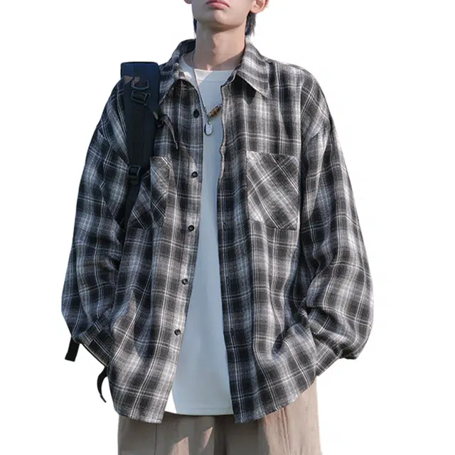 冈哉 撞色格纹翻领衬衣美式复古学院风休闲宽松轻薄凉感慵懒落肩单排扣氛围感长袖衬衫 男女同款