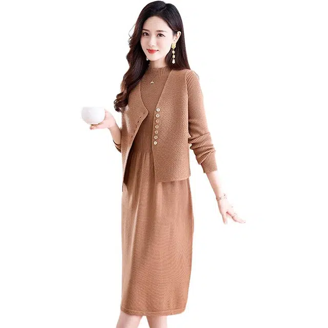 袋鼠 优雅气质舒适简约修身显瘦圆领纯色打底马甲外套裙装套装 女款