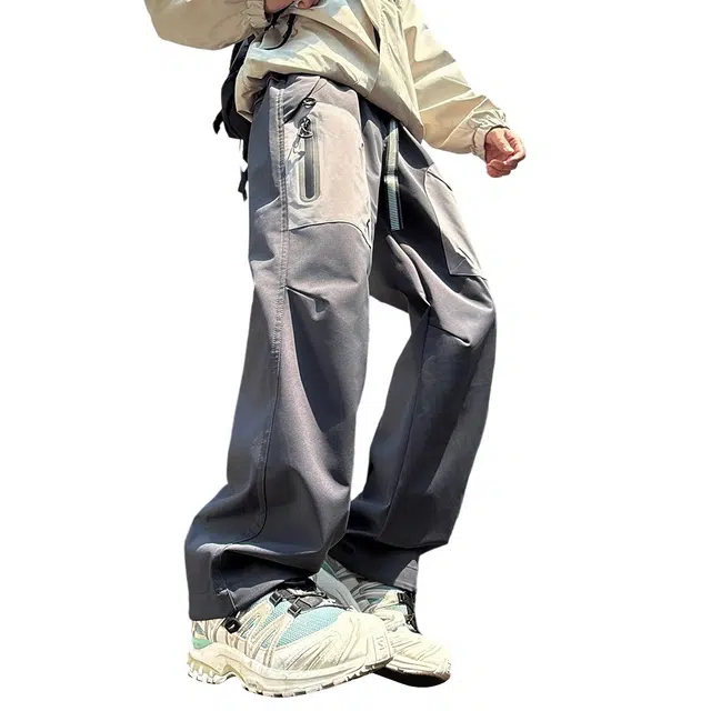 顶峰保罗  户外登山骑行美式防风防水大口袋工装山系无性别主义纯色伞兵褶皱运动直筒裤弹力显高显瘦百搭高街阔腿垂感休闲裤 男女同款
