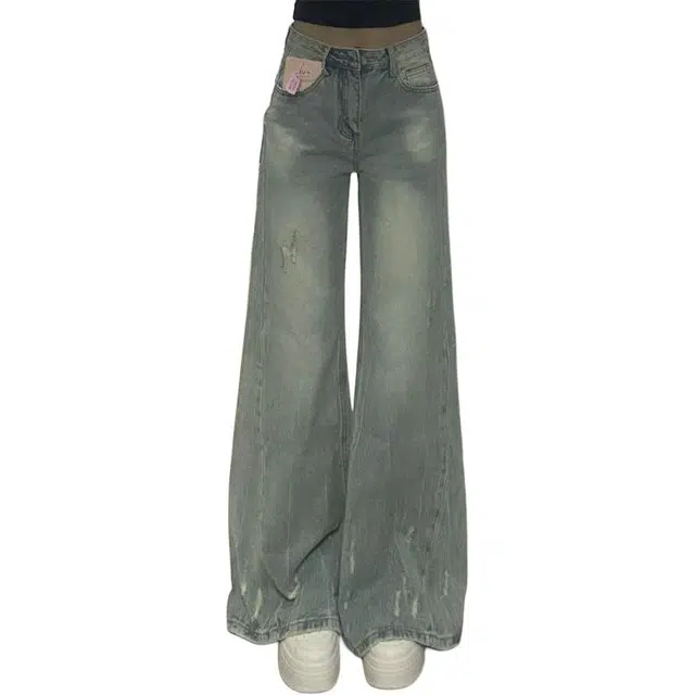 囍鱼少女 小个子美式复古破洞阔腿女宽松显瘦遮肉休闲直筒拖地裤牛仔裤 女款