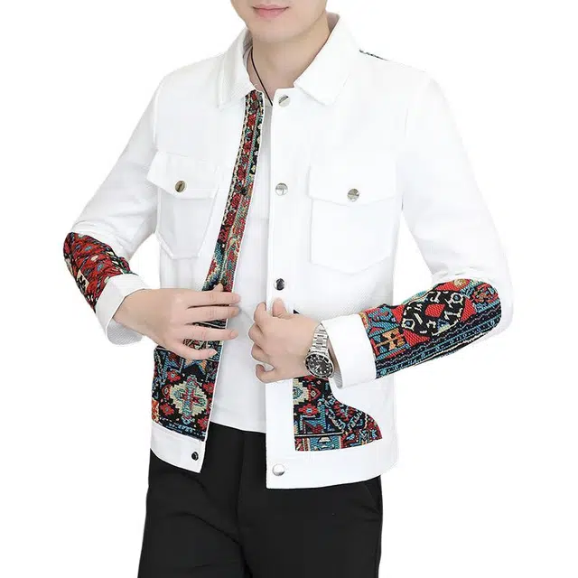 太子龍 时尚拼接不规则个性民族风上衣潮流百搭帅气休闲单衣夹克 男款