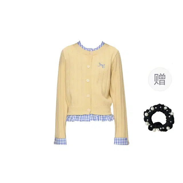 雾闪闪 秋冬季单排扣美式复古格子拼接假两件针织衫 女款